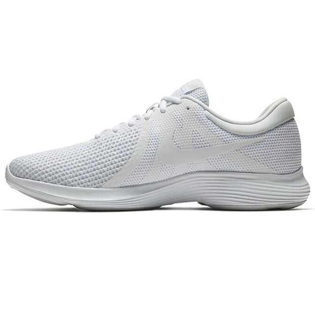 White knit running shoes with white Nike swoosh and light gray sole