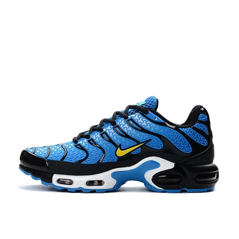Nike Air Max TN running shoes, blue and black with yellow swoosh