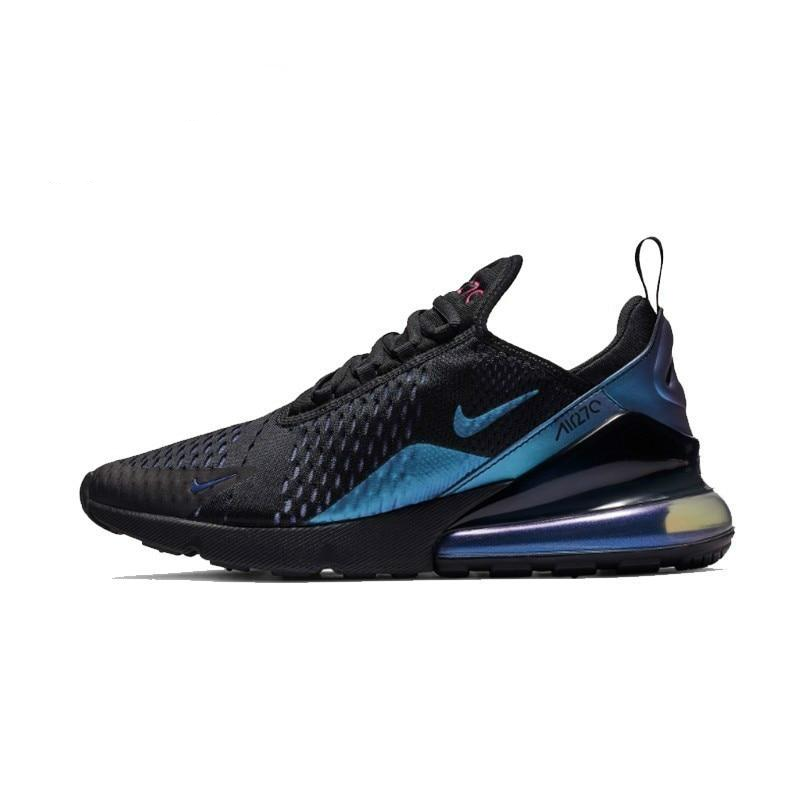 Nike Air Max 270 running shoes, black knit upper with blue accents and visible air unit