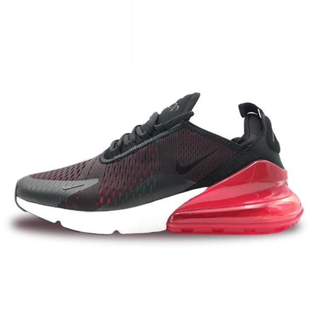 Nike Air Max 270 running shoes, black knit upper with red midsole and cushioned air unit