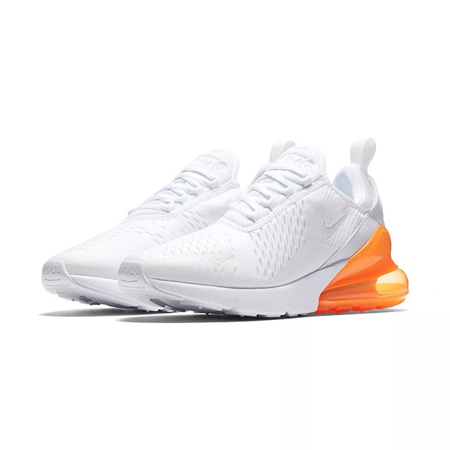 Nike Air Max 270 running shoes, white knit upper with orange accent and air unit