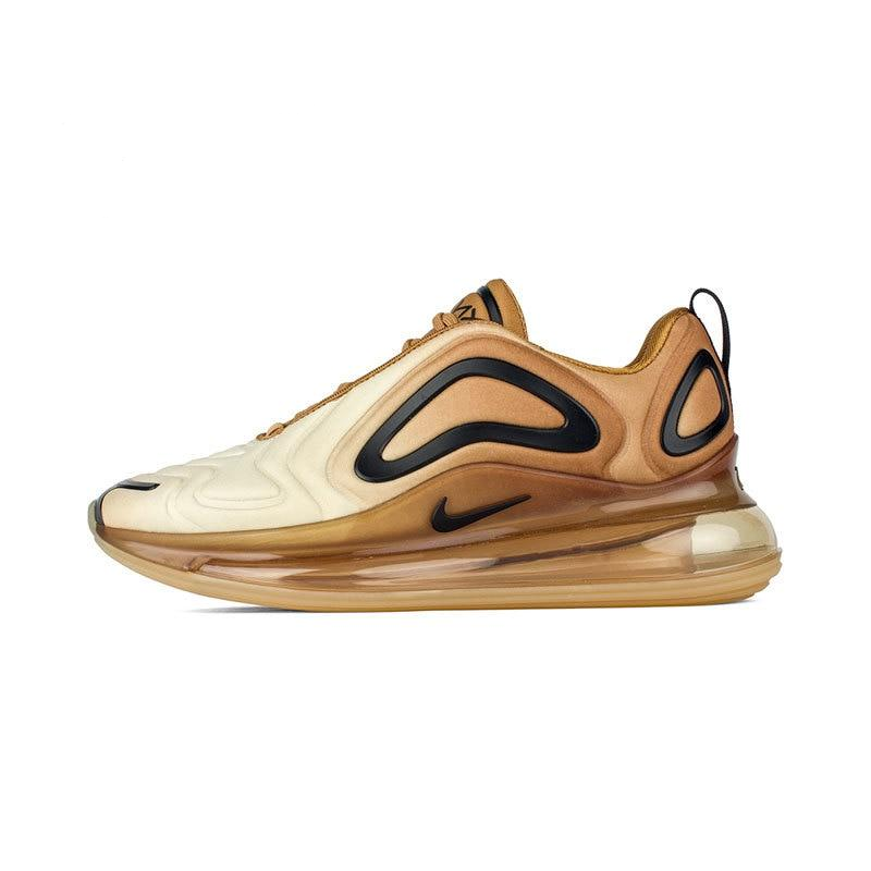 Nike Air Max 720 shoes in cream, tan, and brown with black accents and air sole