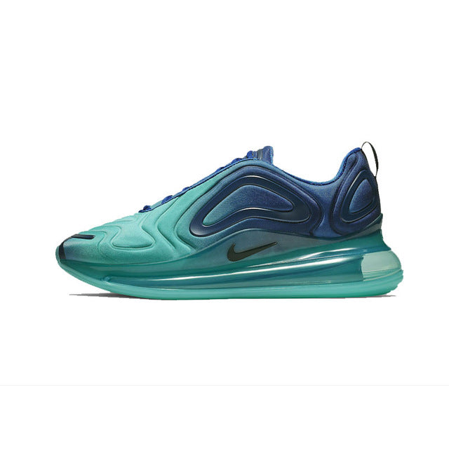 Nike Air Max 720 shoes in teal green with dark blue accents and visible air sole
